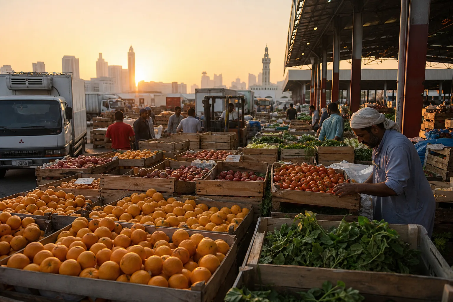 Fresh produce crates prepared at the wholesale market each morning
